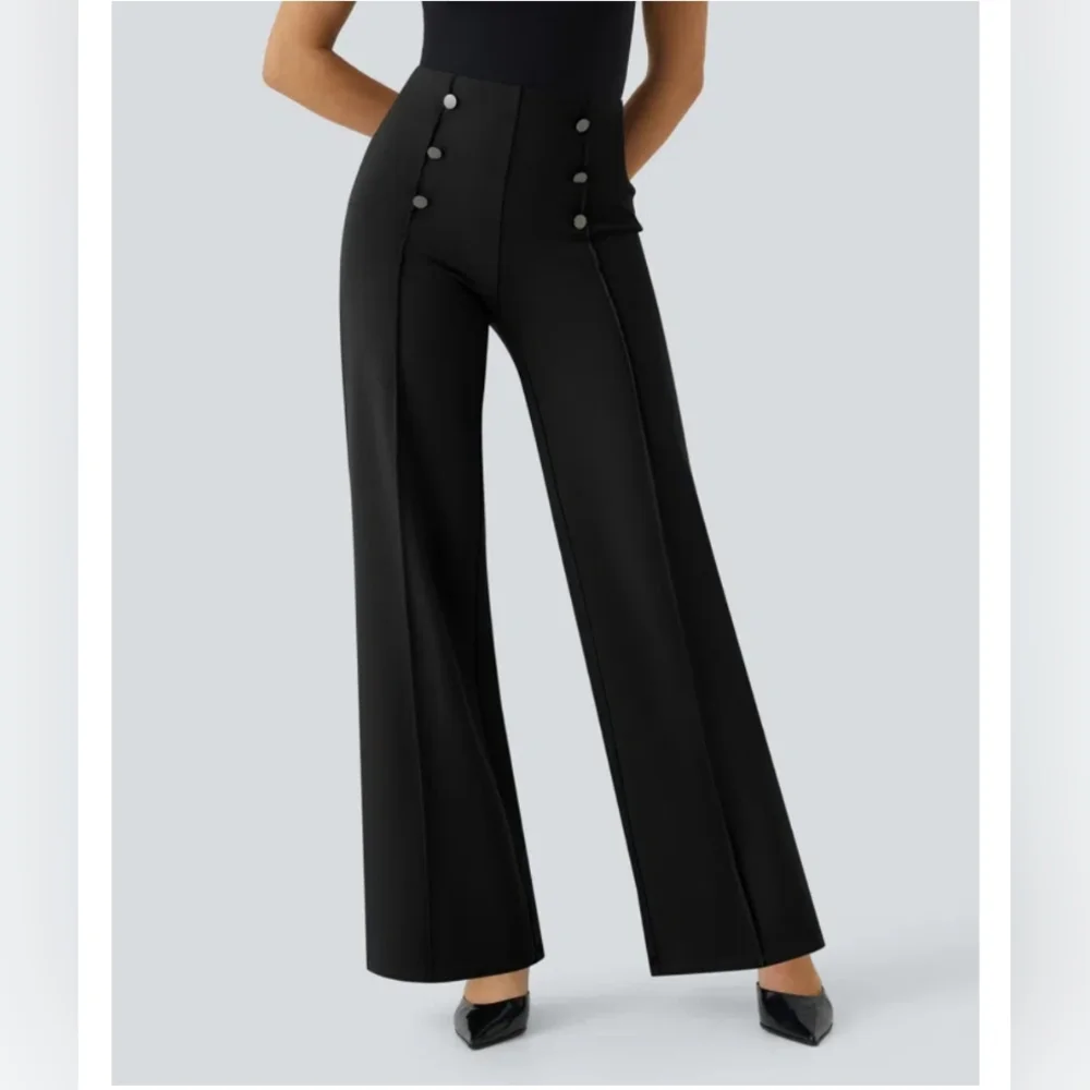 SOLD Halara Pants Size L High Waist Wide Leg Black Pockets Buttons Slim Flare - Picture 4 of 11